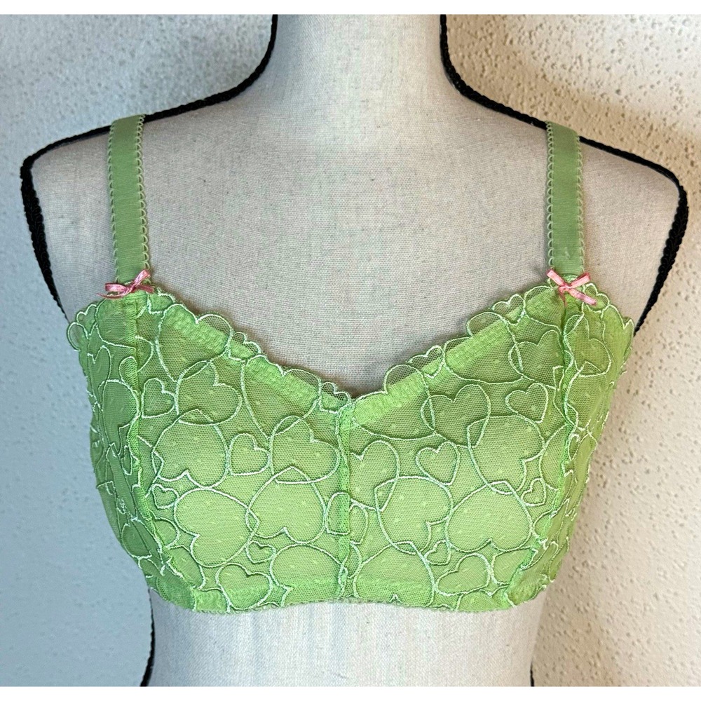 PINK Victoria's Secret Sheer Mesh Heart Bralette Bra Green/Pink Wireless size L